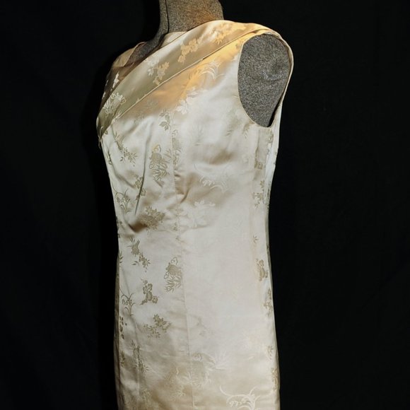 VTG Ivory Satin FloralPrint Cheongsam Sheath Dress - Picture 8 of 13